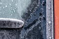 Close-up, macro image of a heavily frosted windshield of an automobile.