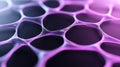 Close up macro image of hexagonal mesh structure with glowing pink hues, representing nanotechnology, molecular design, and fut