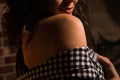 Close up, macro. Loft, low key. Naked rounded shoulder of sensual pin-up model in a plaid jacket Royalty Free Stock Photo