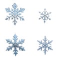 Close-up macro photo of four frozen snowflakes against alpha layer. Detailed icy patterns, delicate structures show. Frozen
