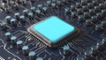 Close-up of a CPU chip with cyan glowing surface mounted on a dark blue circuit board, data concept. Royalty Free Stock Photo