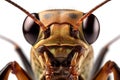 Close up macro photography of a Grasshoper closeup on the eyes, isolated on a white background