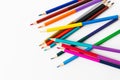 Close-up macro photography of scattered colored pencils for drawing. Place for an inscription. Royalty Free Stock Photo