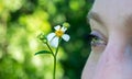 Close up macro picture of a green blue eye isolated of a young woman face with a daisy flower Royalty Free Stock Photo
