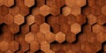 Close up macro of shifted offset wooden hexagon or honeycomb surface background texture or hardwood wallpaper template