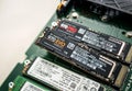 Close-up macro shot of array of fast NVME ssd computer disk with focus on the Royalty Free Stock Photo