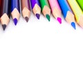 Close up macro shot of color pencil pile pencil nibs, used pencils from a school art room Royalty Free Stock Photo