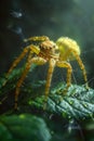 Close Up Macro Shot of Colorful Spider on Dew Covered Leaves in a Mystical Forest Setting