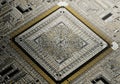 Close-up macro shot of a complex computer processor chip circuit board technology Royalty Free Stock Photo