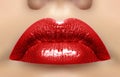 Close-up macro shot of female mouth. Glamour red lips Makeup with sensuality gesture. Magenta gloss lipstick Royalty Free Stock Photo