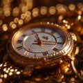 Close-up macro shot of a gold watch. Luxurious vintage gold watch with white dial and Roman numerals. Luxury and glamor Royalty Free Stock Photo