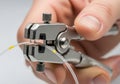 Close-up of Hand Using Fiber Optic Cable Stripping Tool Royalty Free Stock Photo