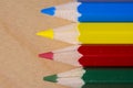 Close up macro shot of horizontal yellow, red, blue and green color pencil Royalty Free Stock Photo