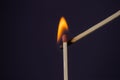 Close up Macro shot of a ignition match on a second match captured in super slow motion Royalty Free Stock Photo