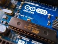 Close up macro shot photo of arduino UNO circuit board and micro controller