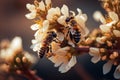 Close up macro shot of two honey bees pollinating cherry flowers. Royalty Free Stock Photo