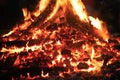 Close up macro shot of wood fire with log embers and flames coming out shot during the indian festival of holi lohri or