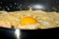 Close up macro to yolk in Creamy fried and boiled Spaghetti pasta in hot pan Royalty Free Stock Photo