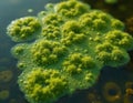 Close up macro view of bright green algae bloom forming clusters on still pond water surface. Tiny bubbles on flora, small Royalty Free Stock Photo