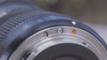 Close up macro view of a camera lense details. Action. Concept of professional equipment of photographers, modern new Royalty Free Stock Photo