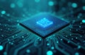 Close up macro view of glowing blue computer processor chip on circuit board. Digital microchip with intricate lines and dots. Royalty Free Stock Photo