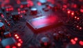 Close up macro view of glowing red computer circuit board. Digital technology abstract background with electronic components, Royalty Free Stock Photo