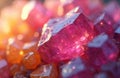 Close-up macro view of pink, orange crystal formations. Light refracts through transparent facets, creating sparkling, vibrant, Royalty Free Stock Photo