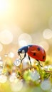 Close-up macro view of a red ladybug walking on dewy grass in soft morning sunlight bokeh Royalty Free Stock Photo