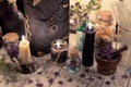 Close up of magic book, dry flowers, glass jars and burning candles on the table Royalty Free Stock Photo