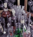 Close up of magic bottles in alchemy laboratory