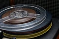 close-up of a magnetic tape on reels from an old player, on a dark background Royalty Free Stock Photo