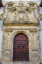 Close-up of impressive entrance portal of the Palace of the Inquisition in Old Town Cartagena, Colombia