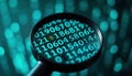 Close-up magnifying glass examines binary code. High-tech investigation of numeric patterns. AI innovations research. Futuristic