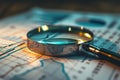 Close up of a magnifying glass on a map. Suitable for travel and exploration concepts Royalty Free Stock Photo