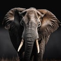 Close up Majestic bull elephant, tusks prominent, sipping water with grace