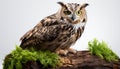Close up of a majestic eagle owl perching, staring with piercing blue eyes generated by AI Royalty Free Stock Photo