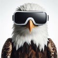 Close-up of a majestic eagle wearing a virtual reality headset, a conceptual blend of nature and advanced technology