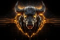 Close-up of majestic fiery head bull on vibrant background with bull market concept