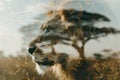 A close-up of a majestic lion merged with a serene savanna landscape in a double exposure Royalty Free Stock Photo