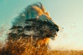 A close-up of a majestic lion merged with a serene savanna landscape in a double exposure Royalty Free Stock Photo