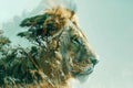 A close-up of a majestic lion merged with a serene savanna landscape in a double exposure Royalty Free Stock Photo