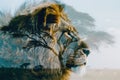 A close-up of a majestic lion merged with a serene savanna landscape in a double exposure Royalty Free Stock Photo