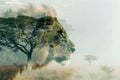 A close-up of a majestic lion merged with a serene savanna landscape in a double exposure Royalty Free Stock Photo