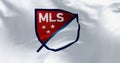 Close-up of the Major League Soccer flag waving in the wind