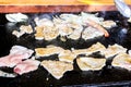 Closeup of make Traditional pork tepanyaki on hot pan in Japan