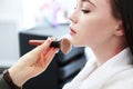 Close-up of the makeup artist& x27;s hand with a large powder brush. A beautiful young woman applies blush to her face Royalty Free Stock Photo