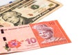 Close up of Malaysia Ringgit currency note against US Dollar Royalty Free Stock Photo