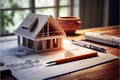 Close up of male architect hands making model house. Man architect working in the office. Royalty Free Stock Photo