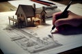 Close up of male architect hands making model house. Man architect working in the office. Royalty Free Stock Photo