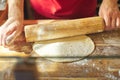 Close up of male baker hands with flour cook roll out the dough with rolling pin Royalty Free Stock Photo